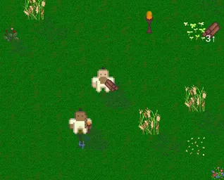 Settlers hauling resources with visible carried items (v0.2.0)